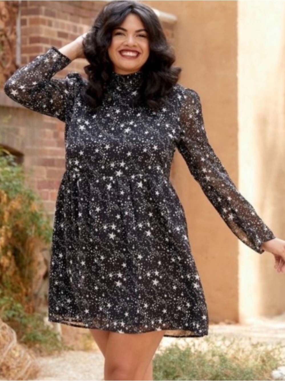 ModCloth Baez For Days Dress Celestial Star Printed Metallic Smocked High Neck M